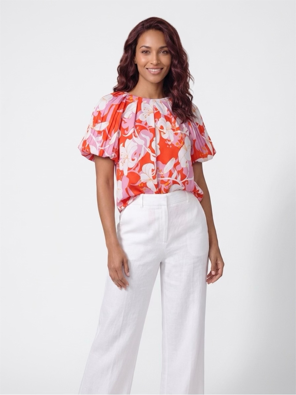 Entro Vibrant Floral Puff Short Sleeve Blouse Top Business Casual Summer Sz LRG